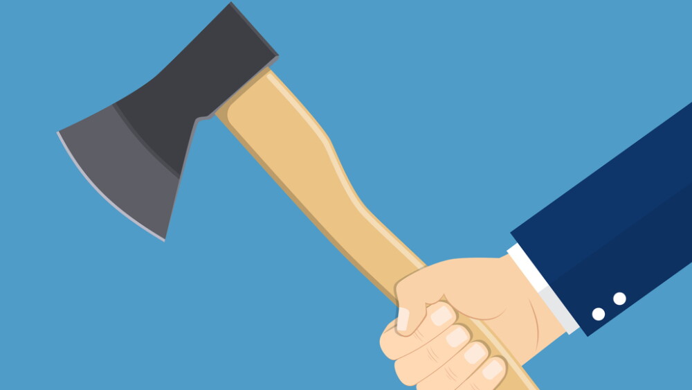 Axe holding in hand man lumberjack. Woodman, carpenter, joiner, icon. Template hard work. Vector illustration flat design.