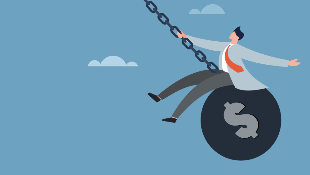 Conceptual illustration of a businessman swings on a wrecking ball with Dollar symbol engraved on it