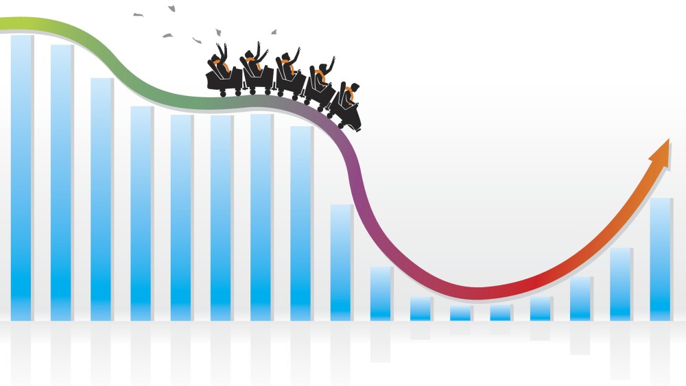 Vector illustration of businessmen on a roller coaster ride bar graph