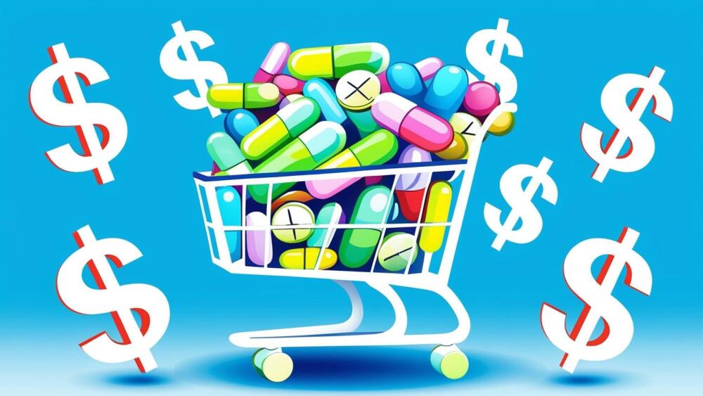 shopping cart loaded with pills with dollar signs around it on a light blue background