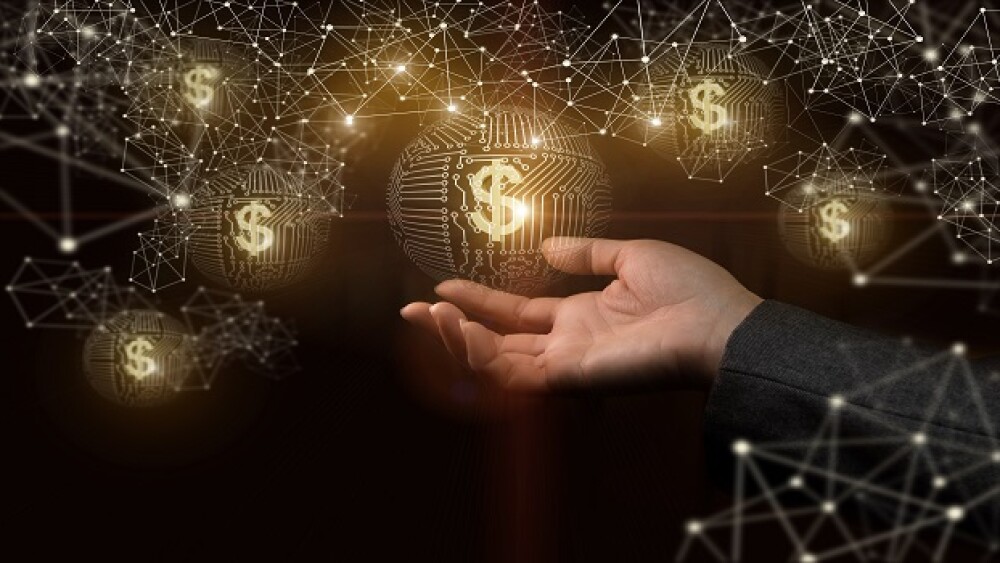 Hand showing money in network. The concept of electronic money.
