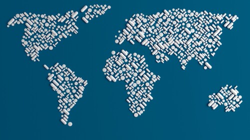 Background of scattered on a plain blue background of many tablets in the form of a silhouette of the continents of the world 3d illustration