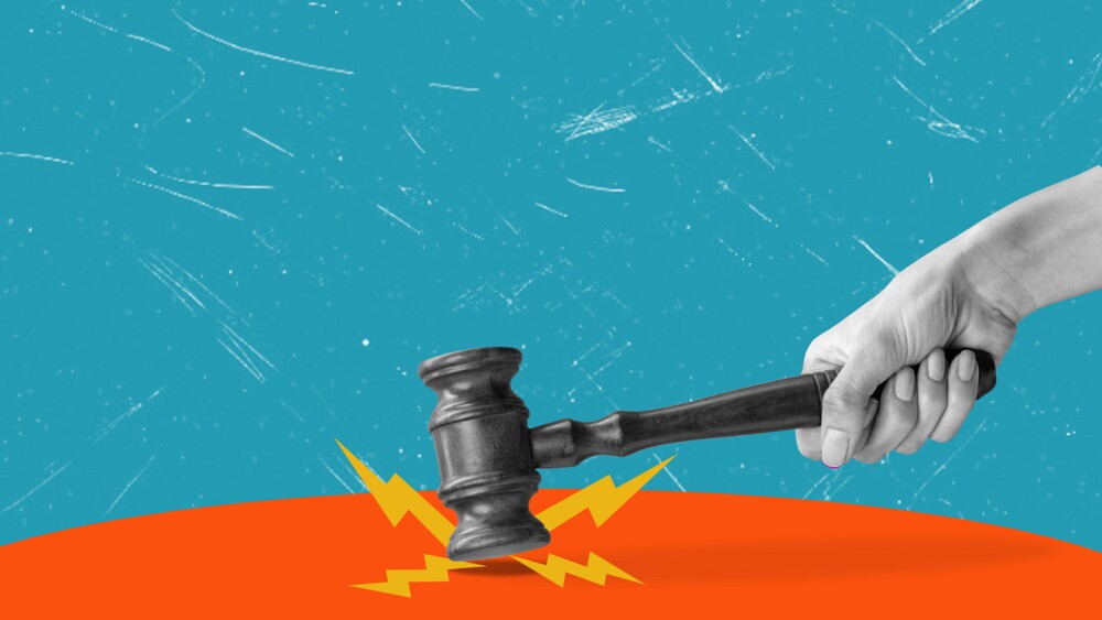 Contemporary art collage featuring a hand with a judicial hammer. Concept of Judge and Provost or Judgment Day