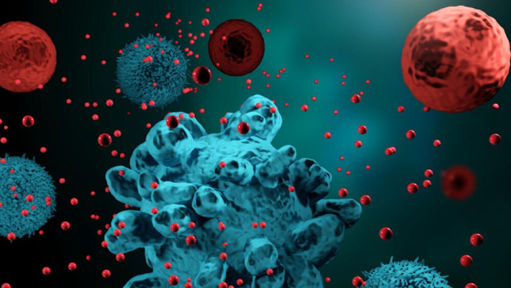 3d render of cytotoxic CAR exosomes secreted by engineered T immune cells