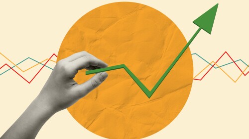 Contemporary art collage of human hands holding a arrow pointing up, graphs and diagrams. Concept of profit, making money, business. Copy space.