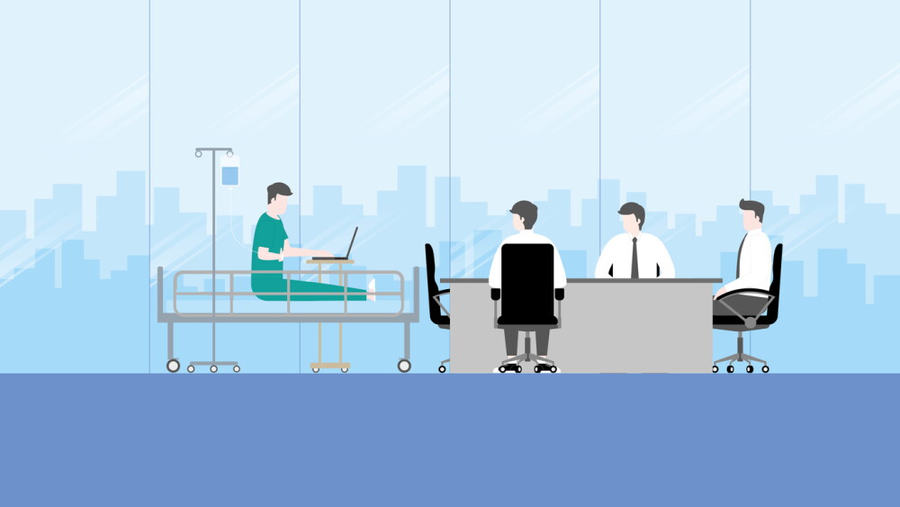 A sick businessman works on hospital bed with a saline solution medical drip bag in office meeting room. Boss, employee, patient, work hard, overwork, project, illness, tired, and workaholic concept