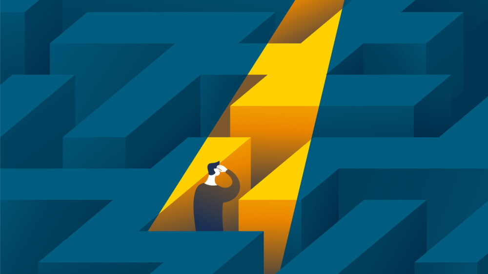 Business solution conceptual design illustration. Confused and highlighted man stay at maze in spot light
