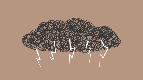 Abstract vector storm clouds with thunder hand drawn chaotic tangle of doodles.Sign bad weather,impending rain and storm,thunder rolls.Symbol stress,depression,psychosis,mental crisis personality,headache after suffering coronavirus.