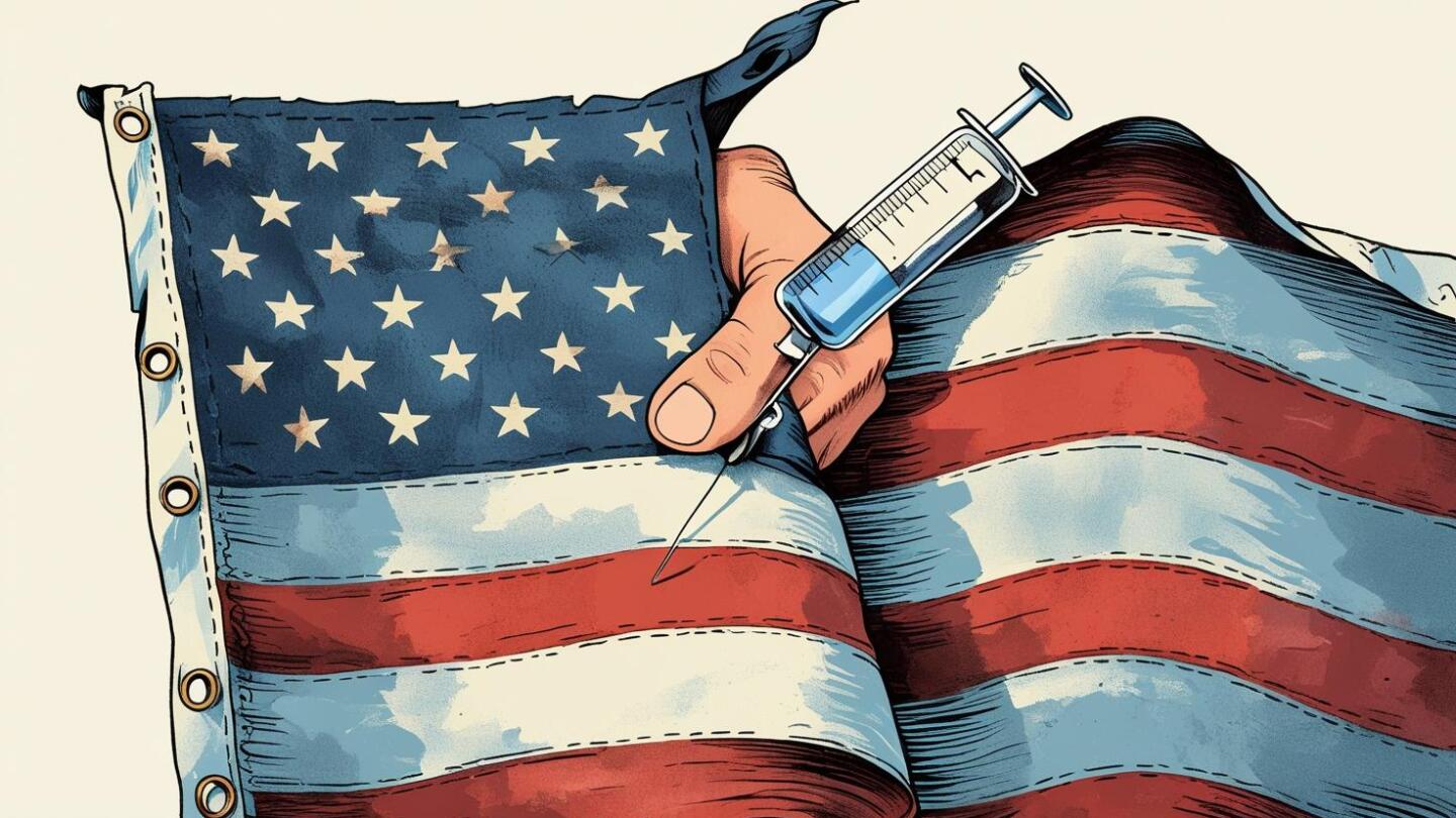 an illustration of an American flag being torn in half by a syringe