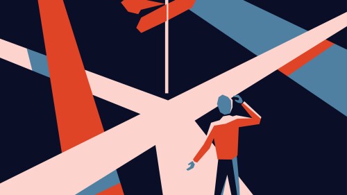 Correct decision chosing - confused man character standing on the crossroads and looking at signpost with three different directions - conceptual vector illustration