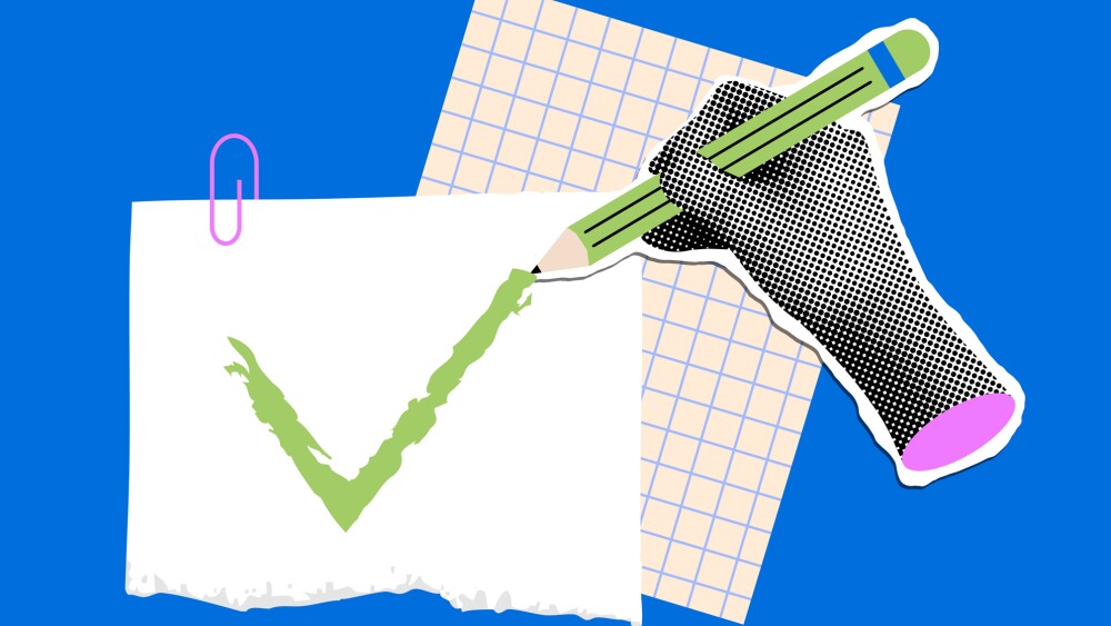 Modern collage with halftone hand holding pencil and drawing check mark. Confirmation. Concepts of agreement and choice