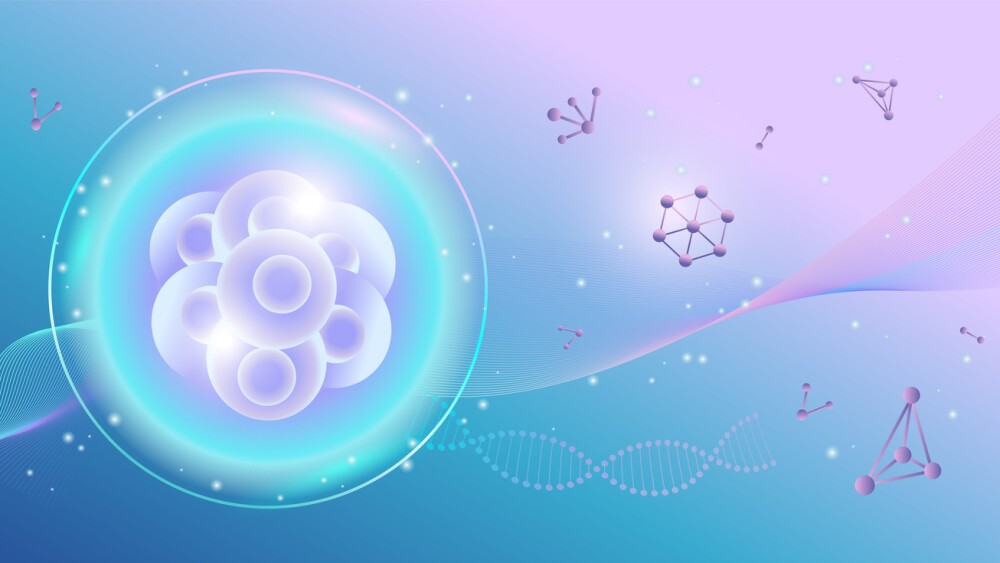 Science abstract background with Stem Cells, molecular structure and GENE. Scientific banner for medicine, biology, chemistry or physics template.