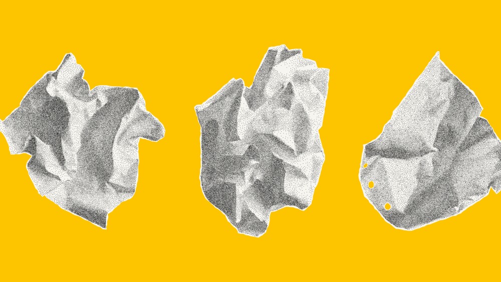 Set of crumpled lumps of different paper isolated on yellow background. Gritty dusty dotted effect, vector elements with jagged edges, old notebook sheets.