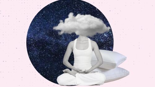 Contemporary art collage of woman sitting in the lotus position, cloud, pillows against the background of the night sky. Concept of healthy lifestyle and sport. Good and relaxing sleep. Copy space.