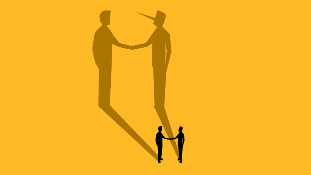 Illustration of two businessmen with one person’s silhouette showing a Pinocchio nose, signaling dishonesty