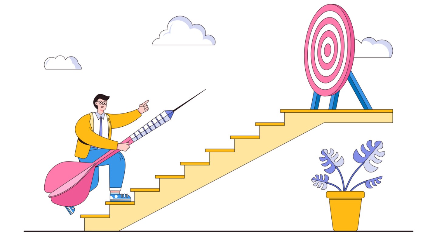 Progress and movement to goal, reaching objective business, motivation, challenge to achieve success, career improvement concepts. Ambitious businessman with dart walking up stairs to target bullseye.
