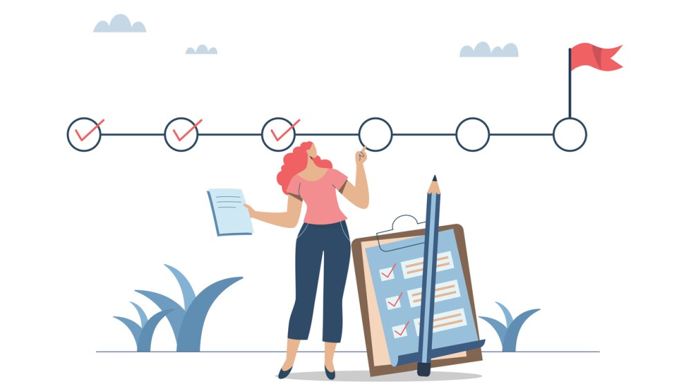 Illustration of woman checking progress on project