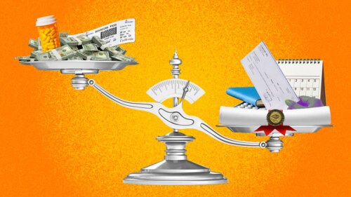 Pictured: A scale balancing cash with employee nee