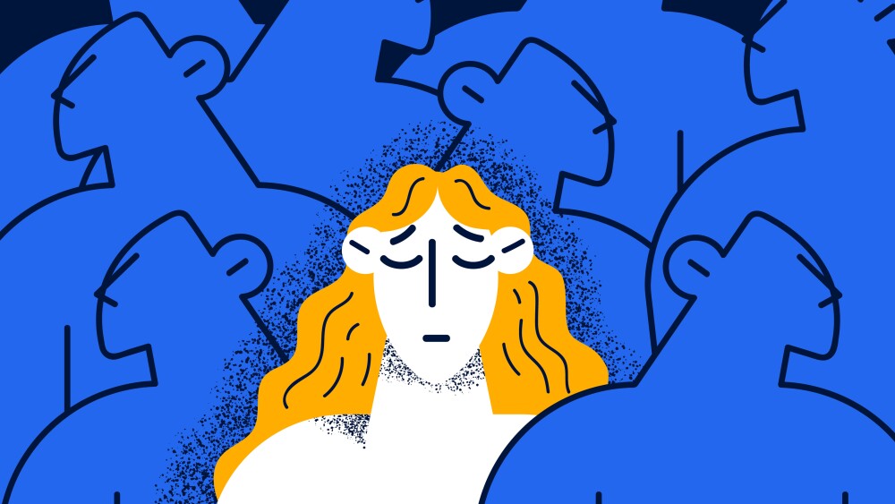 Unhappy young woman feel lonely abandoned in crowd suffer from communication lack. Upset girl struggle with depression or mental disorder. Psychological problem. Flat vector illustration.