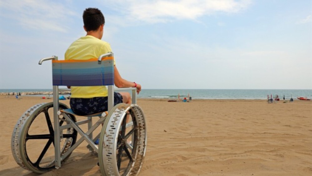 Pictured: Boy sitting in a wheelchair on a beach/i