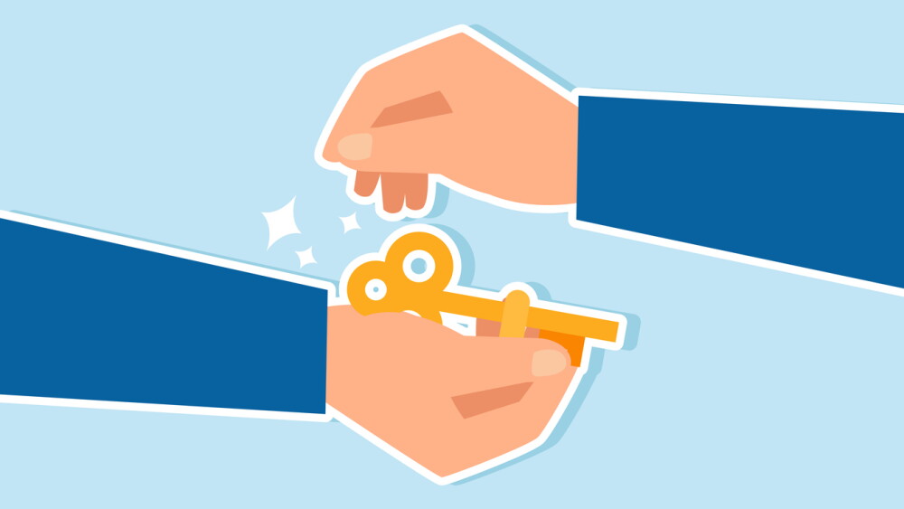 A businessmans hand handing a key to another hand, illustration of offering and providing solutions for business challenges