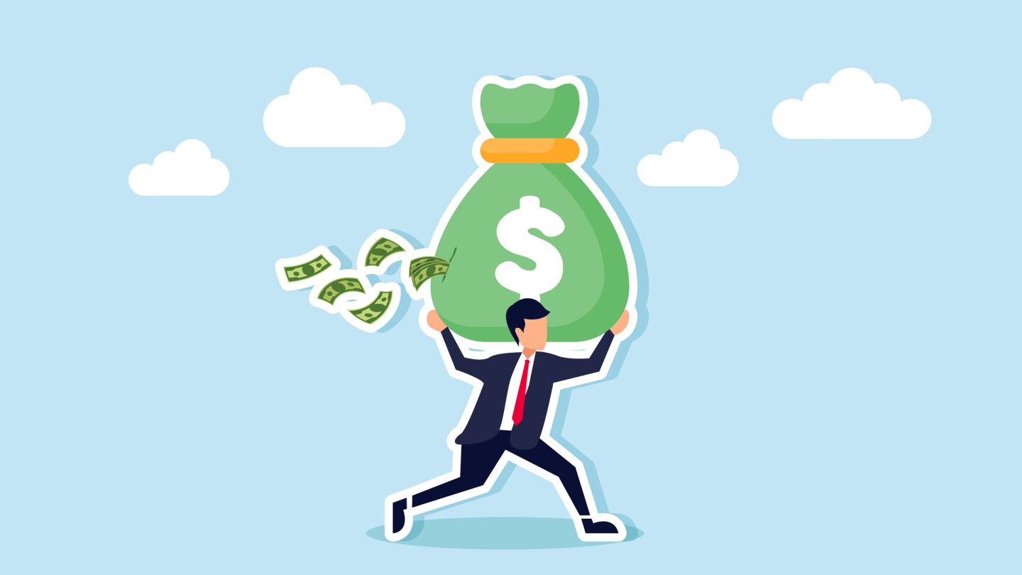 Investment mistakes, taxes, expenses, and unknown costs drain money, concept of Businessman carries a money bag with a big hole, banknotes falling out