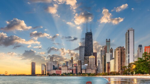 Chicago, Illinois, USA on Lake Michigan at dawn.