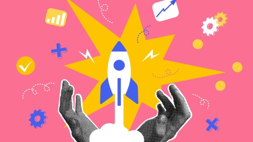 Fashionable halftones collage. Startup business concept,fast business startup. Trendy modern retro illustration in bright trendy colors. Strategic planning concept and business success. Vector illustration