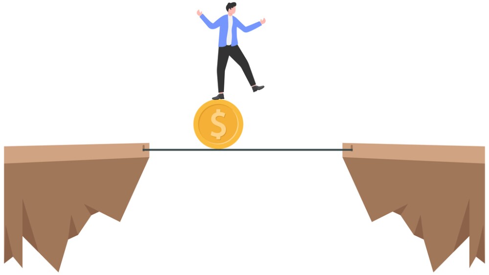 Business concept illustration of businessman balancing himself with dollar coin on a rope, vector illustration