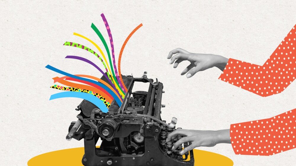 Creative process. Pop art collage. Female hand typing on retro typewriter isolated over white background. Vintage, retro 80s, 70s style. Bright colors. Copy space for ad, text
