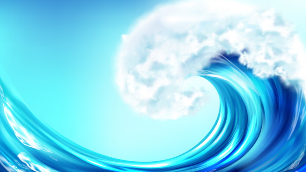Realistic wave, big ocean or sea curve water splash with white foam on crest in motion on blue background. Nature water surface, storm at summer day, nautical seascape, surfing 3d vector illustration