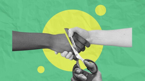 Two hands locked in a handshake cut by a pair of scissors, symbolizing a severed relationship or partnership. Black and white collage illustration on paper textured background