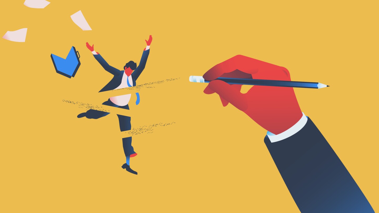 Hand holding pencil erasing an employee. Dismissal or bankrumptcy concept. Vector illustration.