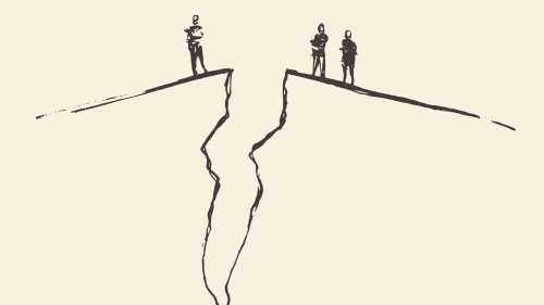 People standing on cracked ground. Concept vector illustration, sketch