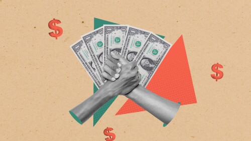 Two human hands with a gesture of a handshake agreement and dollar banknotes with dollar signs on a colored background. Concept of business contract or agreement. Collage art