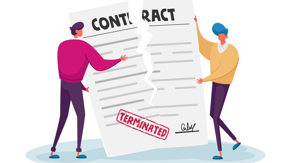 Contract Cancellation, Agreement Termination Concept. Couple of Tiny Male Characters Tearing Huge Paper Sheet with Terminated Contract. Businessmen at Workspace. Cartoon People Vector Illustration
