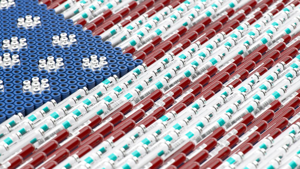 USA Flag formed by COVID-19 vaccine and blood test vials, 2019 pandemic United States of America, concept patriotic fighting coronavirus response, 3d illustration