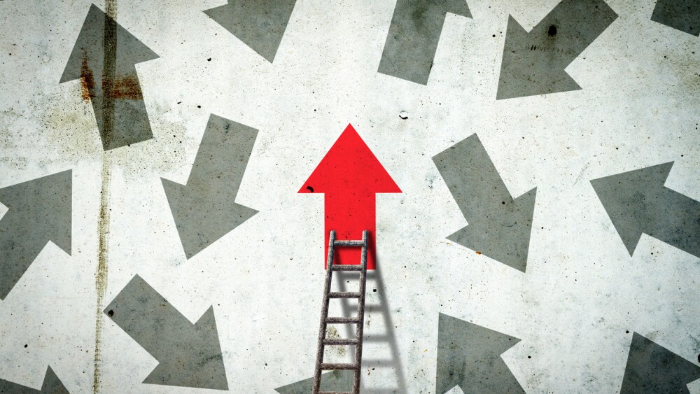 Arrows on a concrete wall. Red arrow, right direction. Stairs. Leadership concept. Team. Business Finance Background