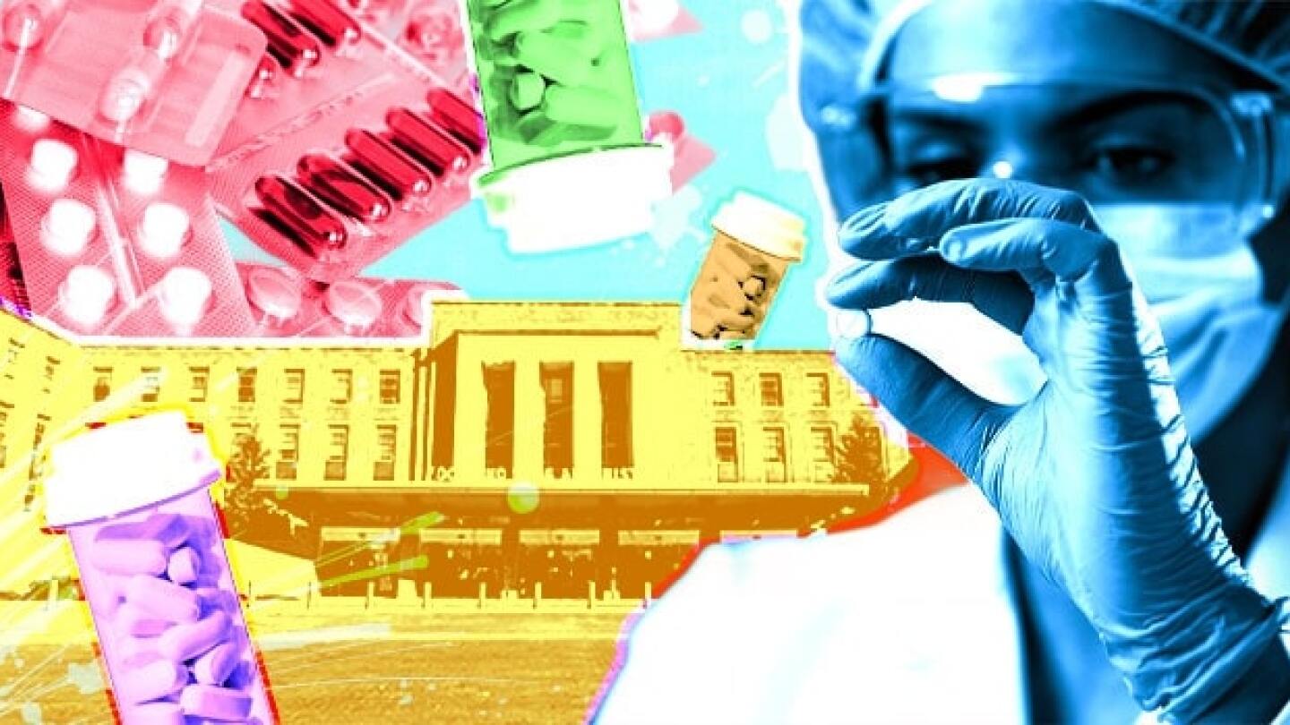 Pictured: A scientist with pill bottles in front of FDA headquarters/Taylor Tieden for BioSpace
