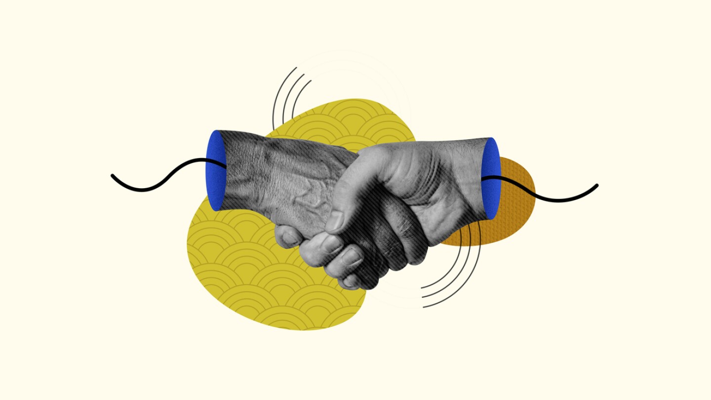 Handshake gesture contemporary collage art. Celebrating success, congratulating for financial and business partnership, job contract deal, mutual friendship and respect. Abstract illustration isolated.