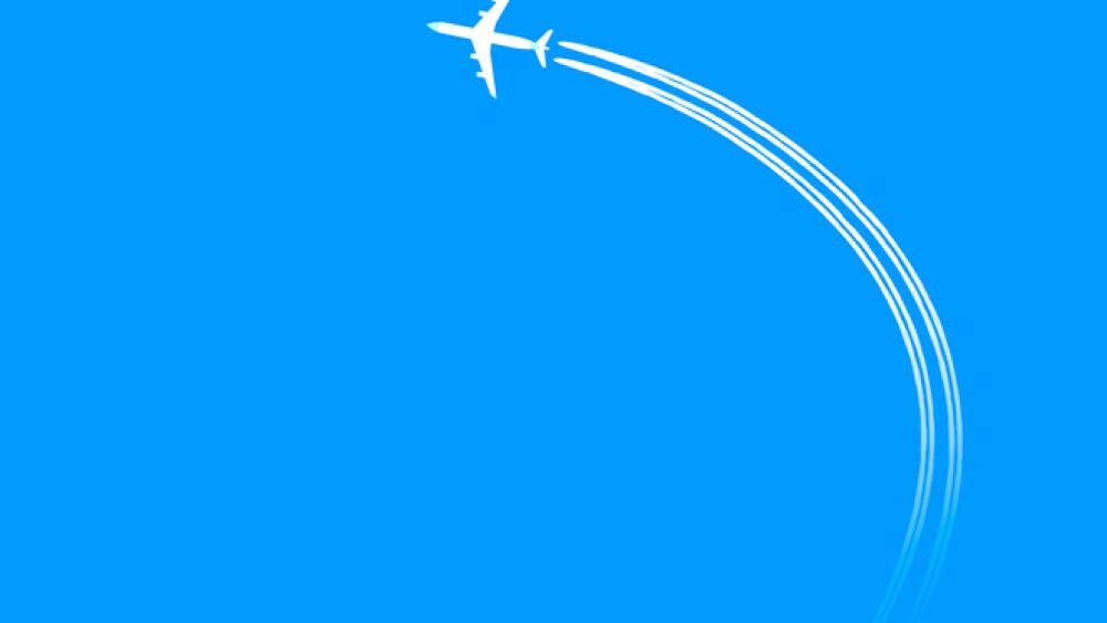 The white plane flies against the blue sky, leaving a white trail. Vector illustration