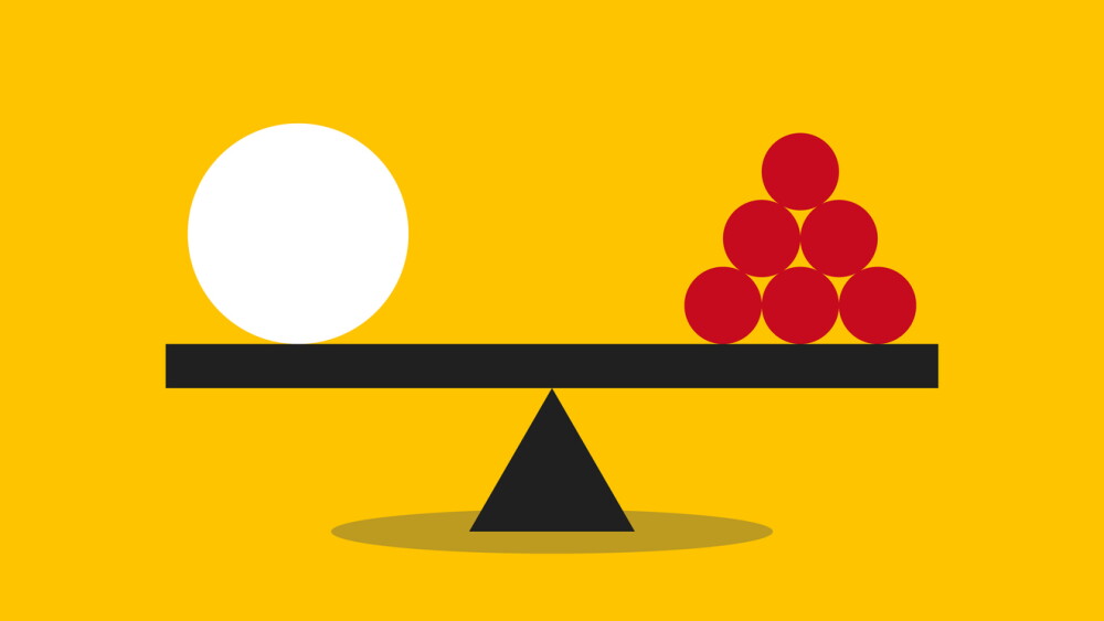 Illustration showing one big and many small balls in equilibrium on seesaw, concept of harmony and balance,