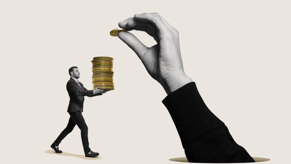 Financier with a stack of coins in his hands. Art collage.