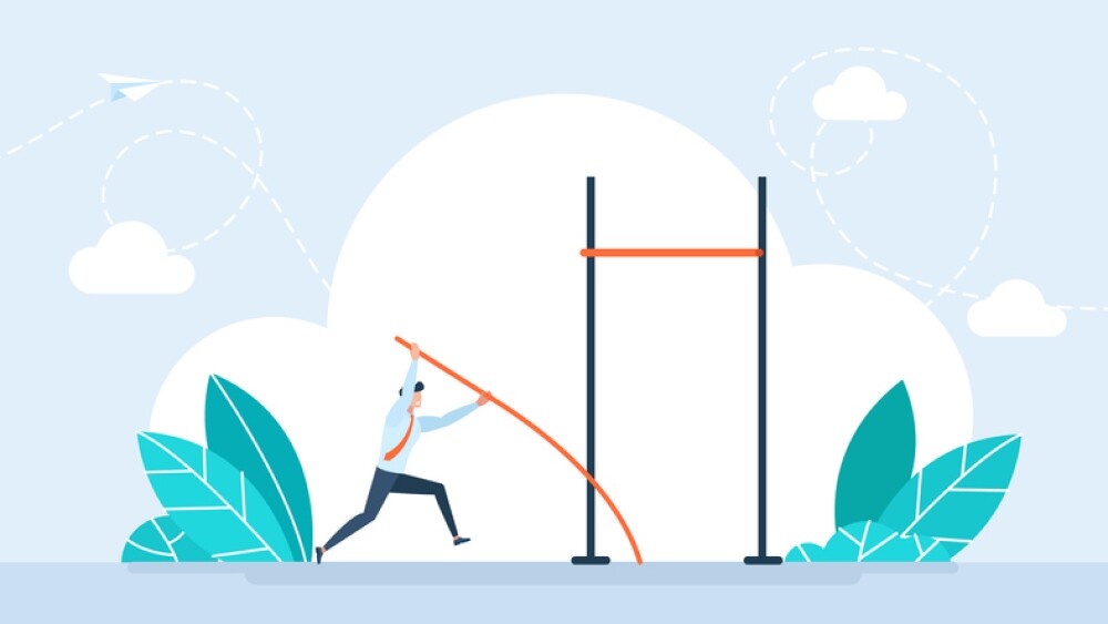 Pole vaulting. Business goal achievement. Businessman doing pole vault. Depicts career, challenge, goal, mission, ambition, and mission. Pole vault athlete jumper businessman. Vector illustration