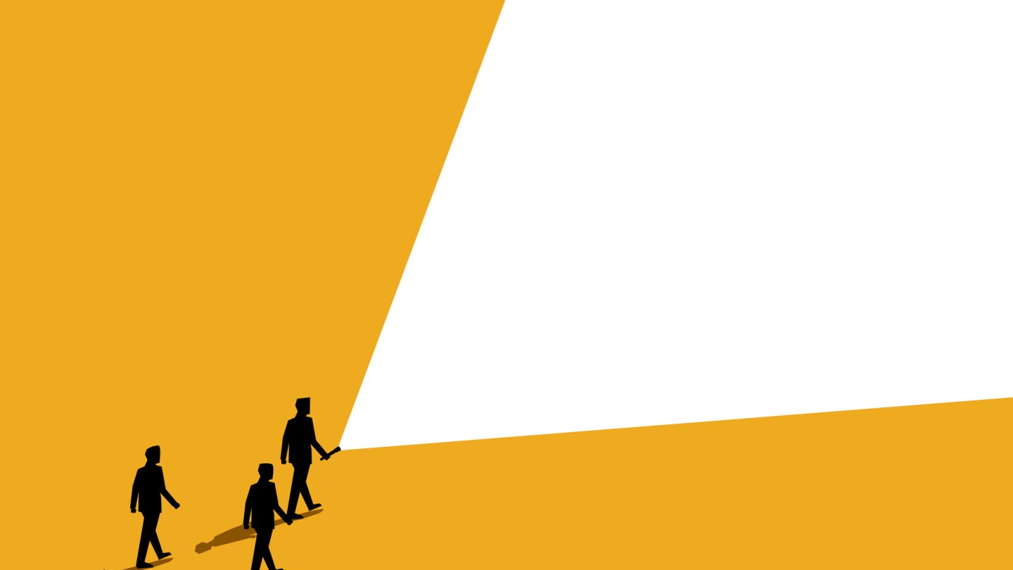 Clarify to employees. Businessman leader is walking with flashlight. vector