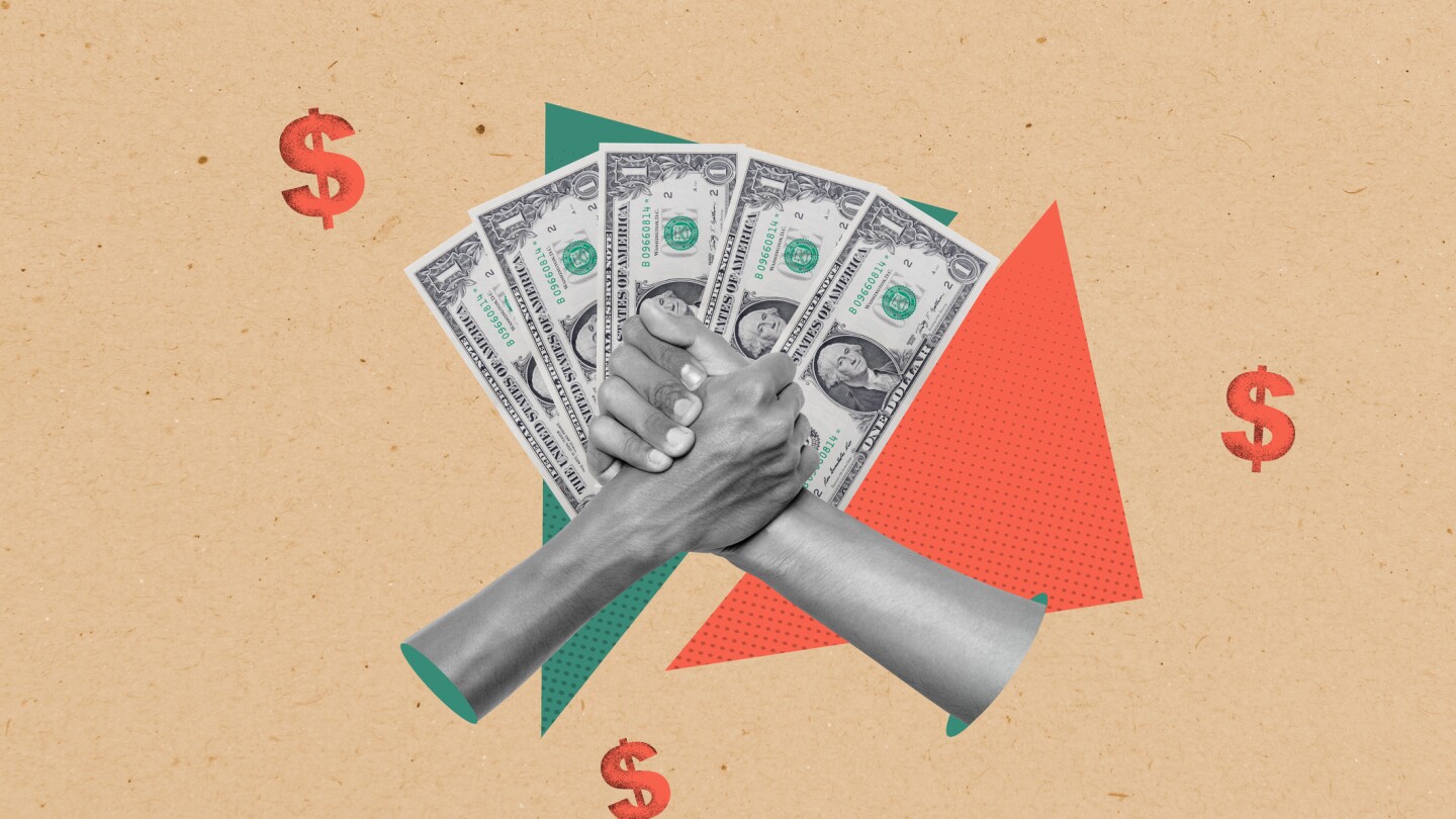 Two human hands with a gesture of a handshake agreement and dollar banknotes with dollar signs on a colored background. Concept of business contract or agreement. Collage art