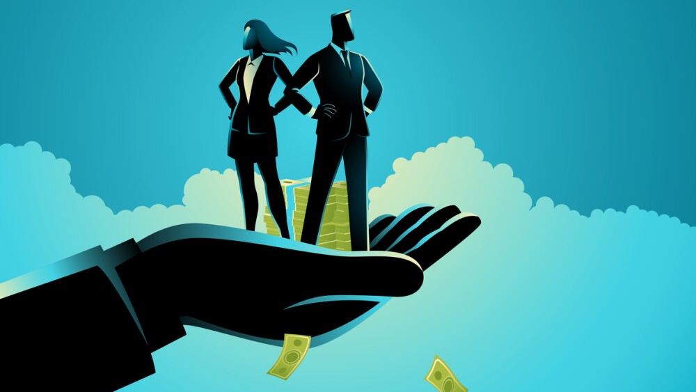 Vector illustration of a hand holding both a businesswoman and a businessman, symbolizing corporate support, care, and equality. Ideal for employee guarantee and security materials