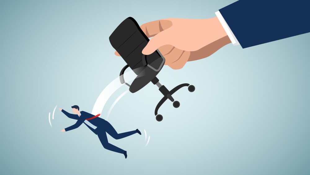 Illustration of employee being let go, falling out of chair