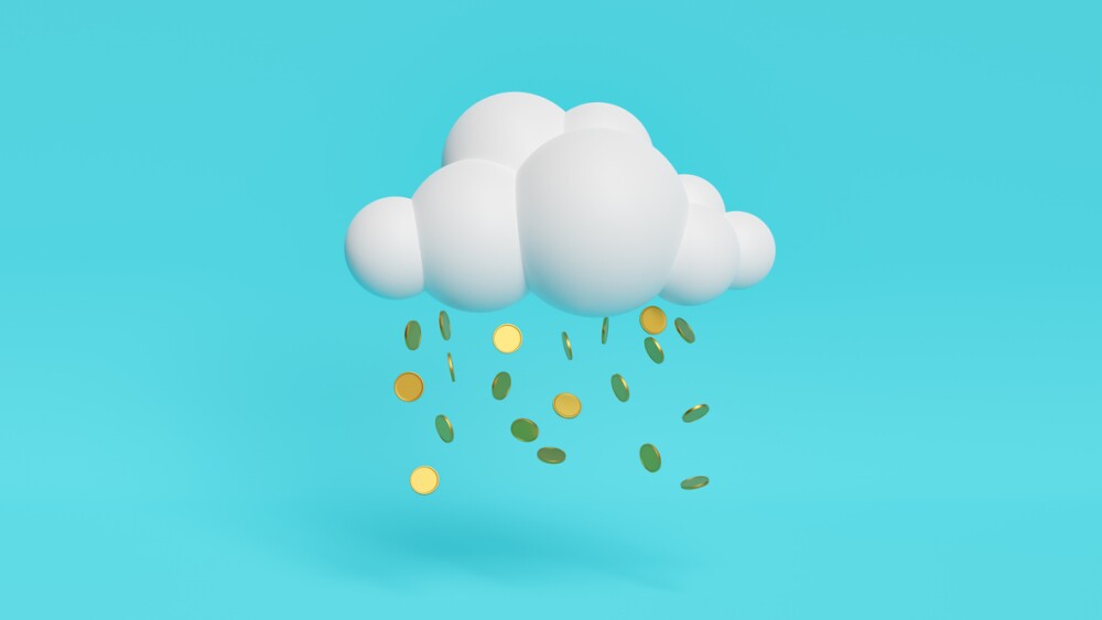 cloud with rain of coins on blue background. minimal concept of investment, success and cryptocurrencies. 3d rendering
