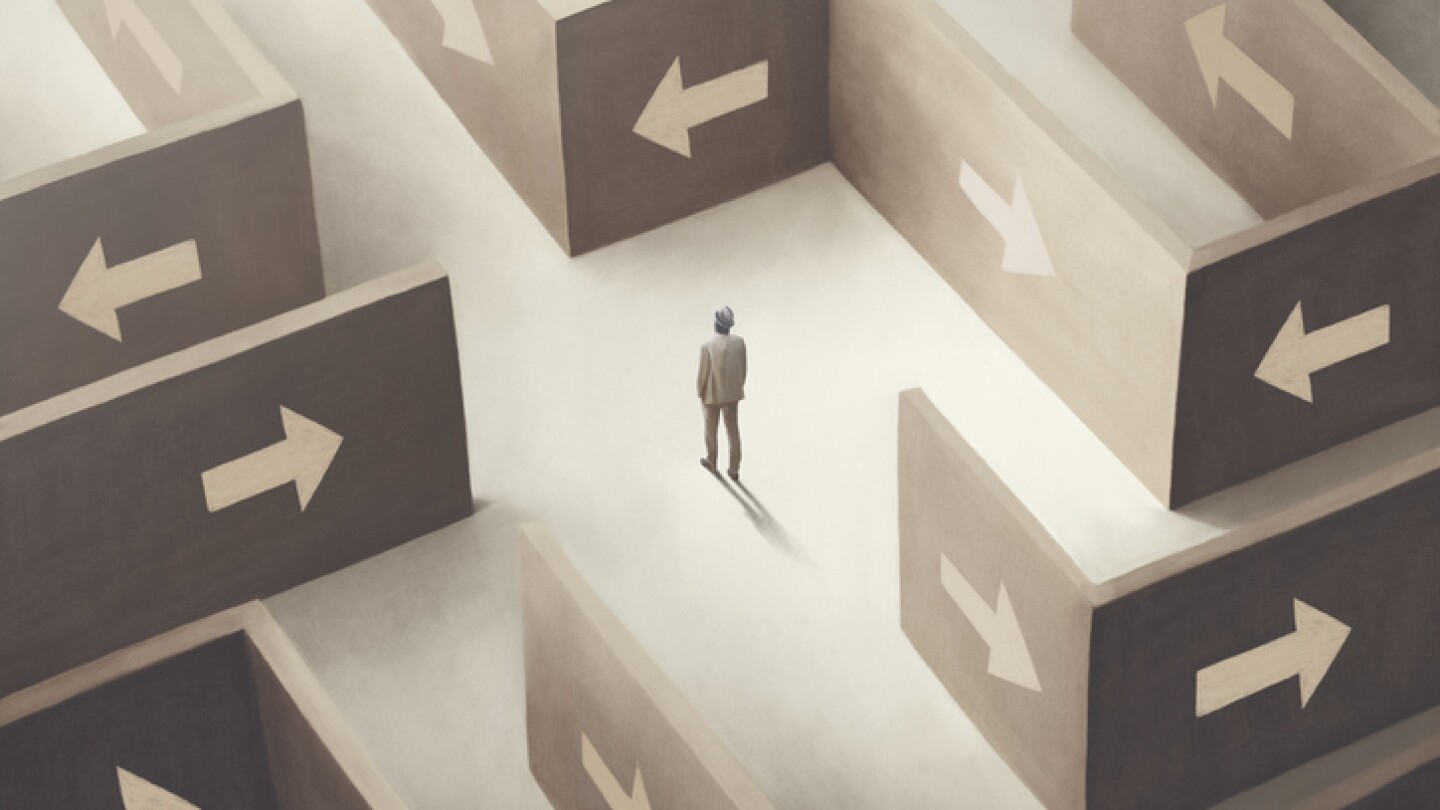 illustration of man lost in a maze full of arrows, surreal abstract concept